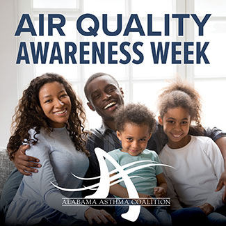 Image: four people sitting down and smiling. Text: Air Quality Awareness Week. Alabama Asthma Coalition.