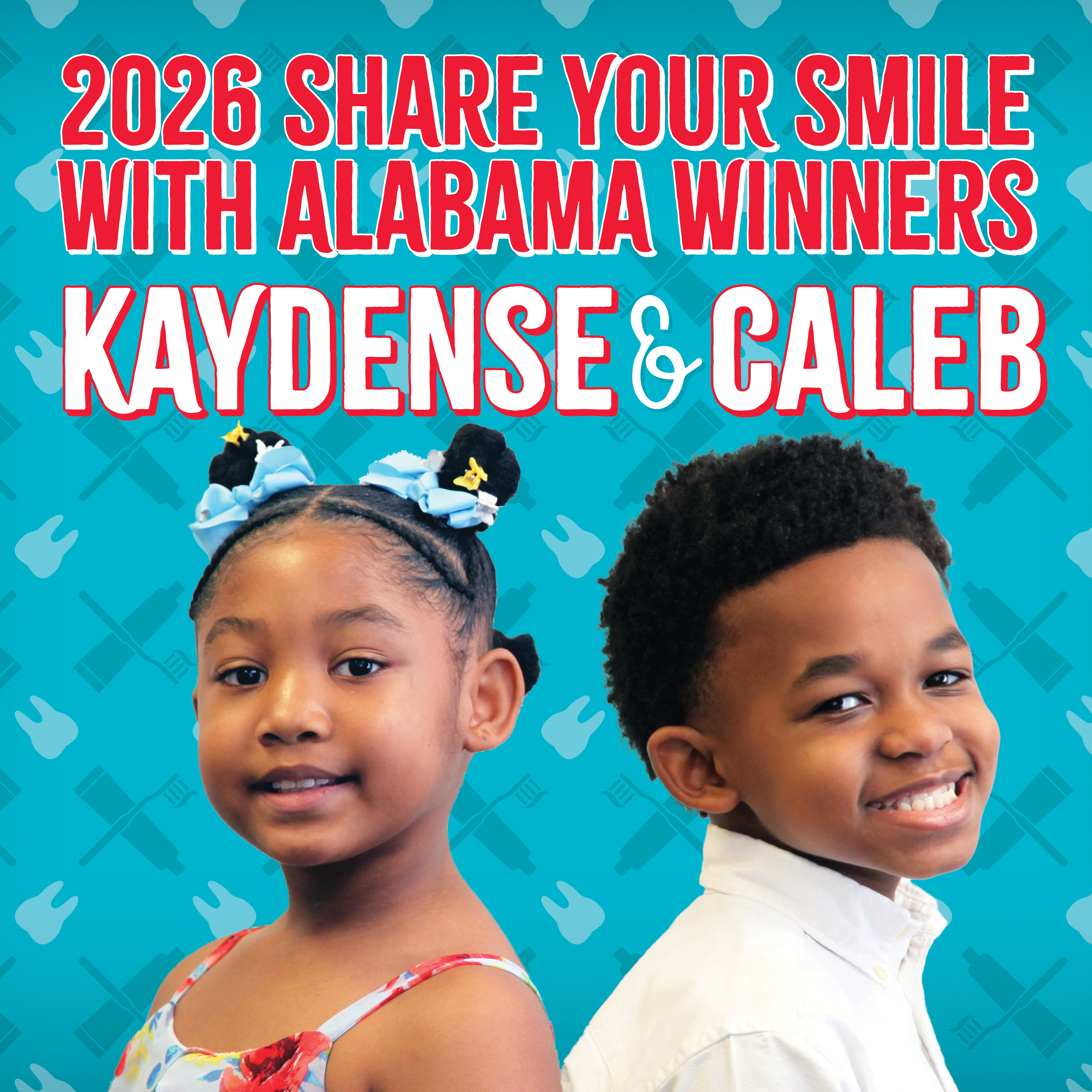 Photo of the 2026 Share Your Smile with Alabama Winners, Kaydense and Caleb.