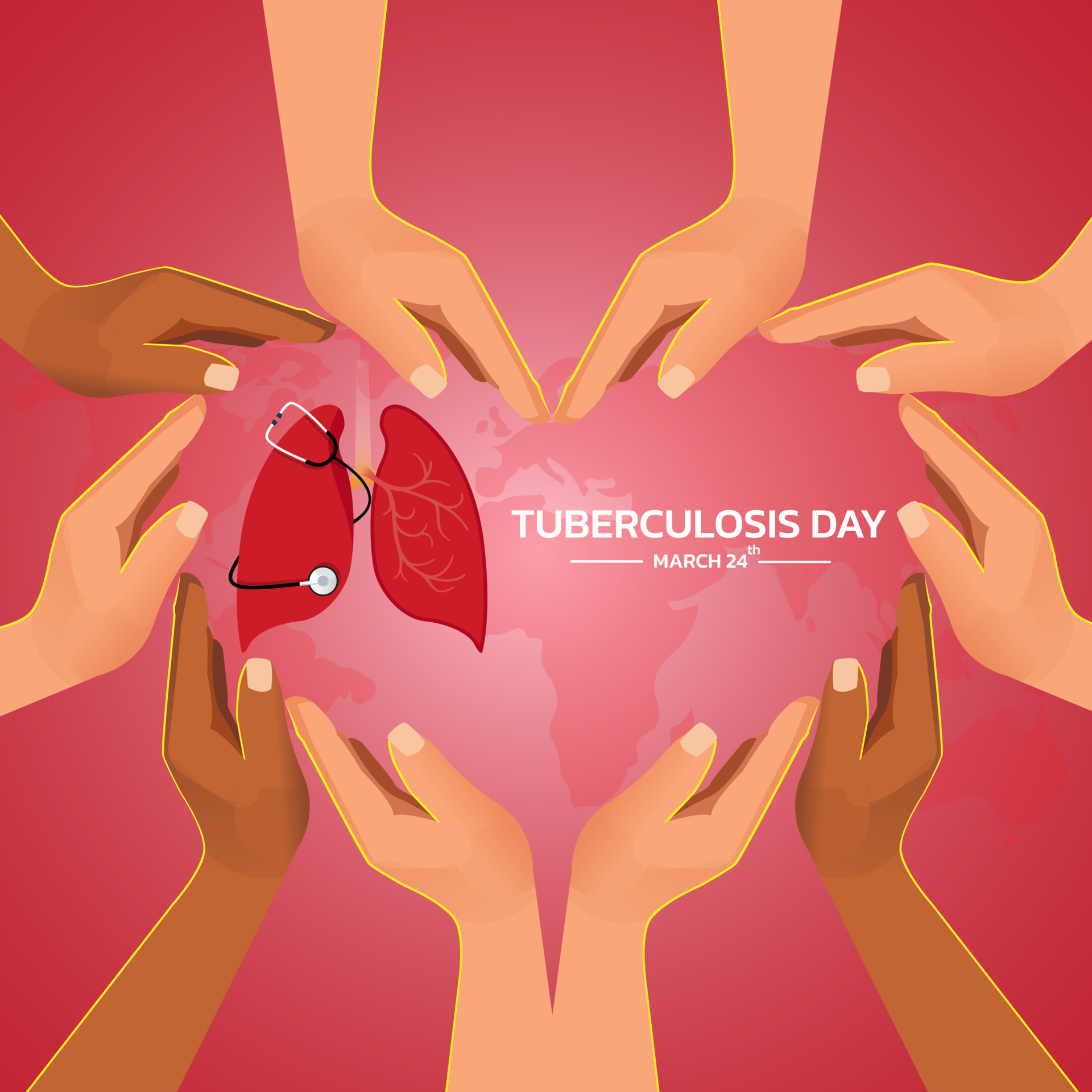 Image of ten hands holding a world with lungs on it. Text: Tuberculosis Day.