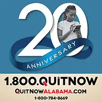 Image of the Quitline 20th Anniversary logo. Text: 1.800.QUITNOW.